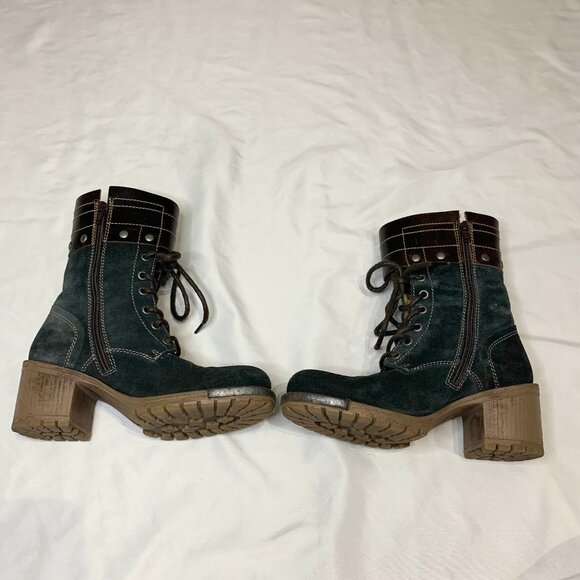 Fly London Sz 6.5 Yip Black Suede Leather Buckle Lace Up Block Heel Ankle Boots - Picture 14 of 15